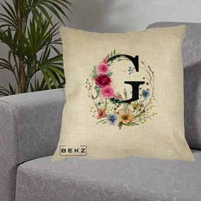 Cadou Personalizat - Perna Personalizata Monogram Litera G cu Flori Acuarela, 40x40 cm, Crem, Husa Detasabila, Perna Inclusa, BEKZ®