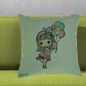 Perna Decorativa Fetita Kawaii cu Baloane si Cupcake, 40x40 cm, Verde, Husa Detasabila, Perna Inclusa, BEKZ®