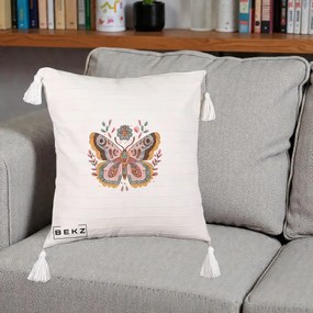 Perna Decorativa Fluture Boho Floral, 40x40 cm, Bej cu Franjuri, Husa Detasabila, Perna Inclusa, BEKZ®