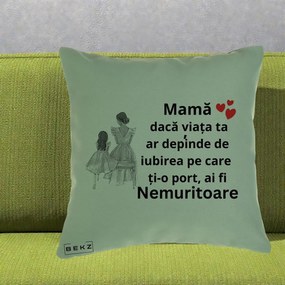 Cadou pentru Mama - Perna Personalizata Mama Nemuritoare Line Art, 40x40 cm, Verde, Husa Detasabila, Perna Inclusa, BEKZ®
