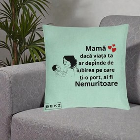 Cadou pentru Mama - Perna Personalizata Mama Nemuritoare Imbratisare Copil, 40x40 cm, Verde Menta, Husa Detasabila, Perna Inclusa, BEKZ®