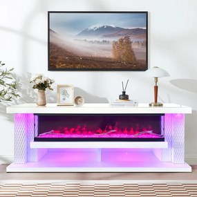 Șemineu Electric cu Flacără LED în 7 Culori, Comodă TV, Bluetooth, Difuzoare Integrate, Iluminare LED Ambientală, Telecomandă, MDF, Finisaj Alb Oglindă