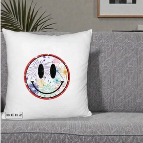 Perna Decorativa Smiley Face cu Artificii Multicolore, 40x40 cm, Alb Pufos, Husa Detasabila, Perna Inclusa, BEKZ®