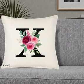 Cadou Personalizat - Perna Personalizata Monograma Florala Litera X cu Buchet, 40x40 cm, Crem Reliefat, Husa Detasabila, Perna Inclusa, BEKZ®