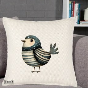 Perna Decorativa Pasare Teal Decorativa Dungata, 40x40 cm, Crem Reliefat, Husa Detasabila, Perna Inclusa, BEKZ®