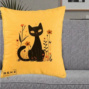 Perna Decorativa Pisica Neagra Flori Pastel Folk, 40x40 cm, Galben, Husa Detasabila, Perna Inclusa, BEKZ®