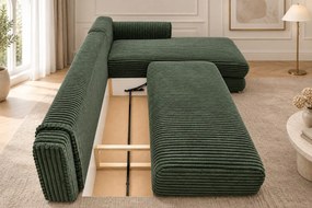 Colțar extensibil Sienna Mini din stofă raiată, verde, colț pe dreapta, cu ladă de depozitare