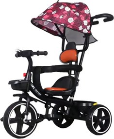 Tricicleta cu pedale si maner parental pentru copii 2-6 ani, NBW, copertina retractabila, Rosu