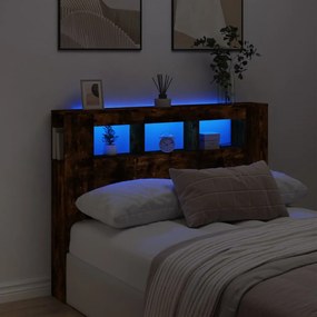 837348 vidaXL Tăblie de pat cu LED, stejar fumuriu, 140x18,5x103,5 cm, lemn