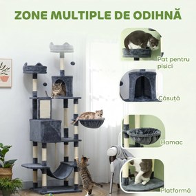 PawHut Ansamblu de Cățărat pentru Pisici, 206 cm, cu Stâlpi din Sisal, Căsuțe și Hamace, Gri Închis | Aosom Romania