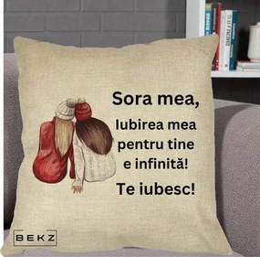 Cadou pentru Sora - Perna Personalizata Sora Mea Te Iubesc Doua Fete Iarna Acuarela, 40x40 cm, Crem, Husa Detasabila, Perna Inclusa, BEKZ®