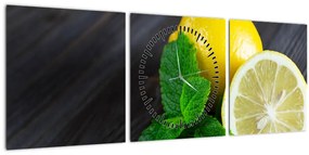 Tablou cu lămâie și mentă pe masă (cu ceas) (90x30 cm)