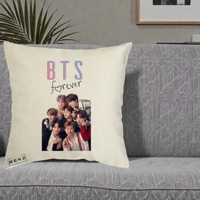 Perna Personalizata K-pop BTS Forever cu Foto Grup Negru, 40x40 cm, Ecru, Husa Detasabila, Perna Inclusa, BEKZ®