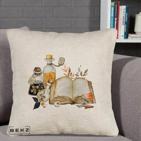 Perna Decorativa Grimoire Vrajitoare si Filtre Magice Halloween, 40x40 cm, Bej Canapea, Husa Detasabila, Perna Inclusa, BEKZ®