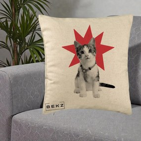 Perna Decorativa Pisica Star Pop Art, 40x40 cm, Bej, Husa Detasabila, Perna Inclusa, BEKZ®