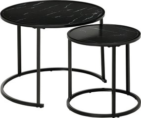 HOMCOM Lot de 2 Mese Laterale Rotunde gigogne incastrabile blat de lemn aspect marmura si Picioare din metal Negru | Aosom Romania