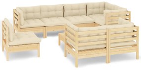Set mobilier gradina cu perne crem, 9 piese, lemn masiv de pin maro si crem, 1