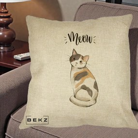 Perna Personalizata Pisica Meow Acuarela, 40x40 cm, Crem, Husa Detasabila, Perna Inclusa, BEKZ®
