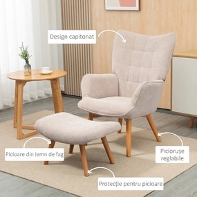 HOMCOM Fotoliu cu Taburet pentru Cameră sau Living din Catifea cu Model Crestat , Spătar Înalt și Brațe, 72x80x101 cm, Bej | Aosom Romania