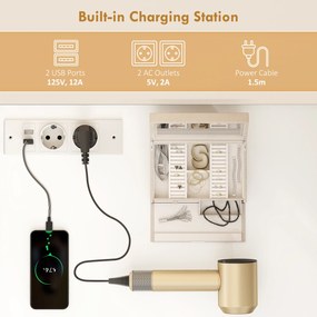 HOMCOM Stație de Machiaj cu Lumini LED, 3 Culori, Luminozitate Reglabilă, Toaletă Convertibilă cu Prize Electrice, 6 Sertare Soft Close, Oglindă, Rafturi Deschise, pentru Dormitor, Alb | Aosom Romania