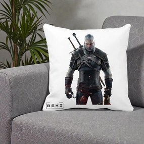 Perna Personalizata The Witcher Geralt of Rivia Portret, 40x40 cm, Alba Mata, Husa Detasabila, Perna Inclusa, BEKZ®