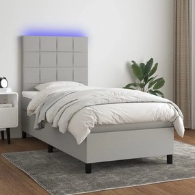 vidaXL Pat cu arcuri, saltea și LED, gri deschis, 90x190 cm, textil