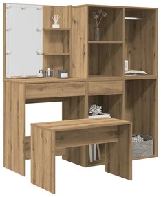 vidaXL Set de masă de toaletă cu LED Artisan Stejar lemn prelucrat