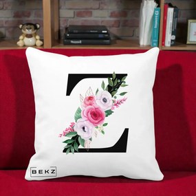 Cadou Personalizat - Perna Personalizata Monograma Florala Litera Z cu Buchet, 40x40 cm, Alba Mata, Husa Detasabila, Perna Inclusa, BEKZ®
