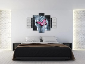 Tablou - Fluture roz în perete (150x105 cm)