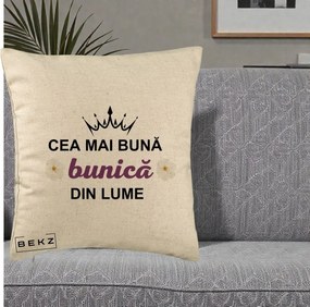 Cadou pentru Bunica - Perna Personalizata Cea Mai Buna Bunica Din Lume Coroana Mov Flori, 40x40 cm, Bej, Husa Detasabila, Perna Inclusa, BEKZ®
