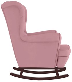 Scaun balansoar, picioare din lemn si taburet, roz, catifea