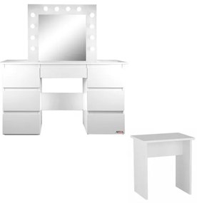 Masa de toaleta/machiaj + Taburet, alba, cu oglinda si LED-uri, Vanessa, 130x43x143 cm
