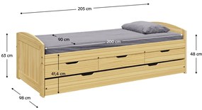 Pat cu pat extensibil, natural, lemn masiv, 90x200, MARINELLA NEW