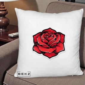 Perna Decorativa Trandafir Rosu Tattoo, 40x40 cm, Alb Pufos, Husa Detasabila, Perna Inclusa, BEKZ®