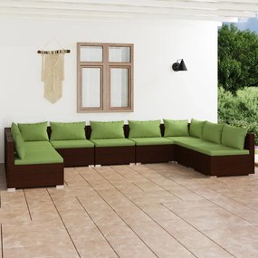 Set mobilier de gradina cu perne, 9 piese, maro, poliratan maro si verde, 2x colt + 7x mijloc, 1