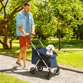PawHut Cărucior pentru câini, transport ușor și pliabil pentru câini mici, pernă lavabilă, ferestre din plasă, Albastru inchis | Aosom Romania