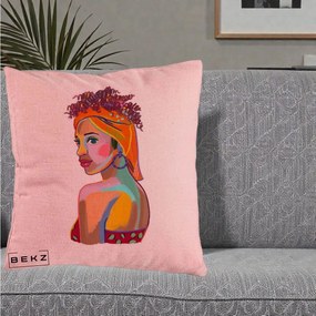 Perna Decorativa Portret Femeie Colorat Pop Art, 40x40 cm, Roz, Husa Detasabila, Perna Inclusa, BEKZ®