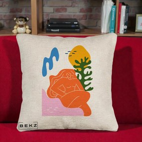 Perna Decorativa Femeie Portocalie Relaxata, 40x40 cm, Bej Canapea, Husa Detasabila, Perna Inclusa, BEKZ®