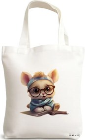Sacosa de Panza pentru Cumparaturi, Geanta Tote, model Reading puppy 30 38 x 34.5 cm, Alba, BEKZ®