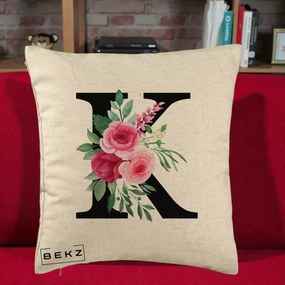 Cadou Personalizat - Perna Personalizata Monograma Florala Litera K, 40x40 cm, Bej, Husa Detasabila, Perna Inclusa, BEKZ®