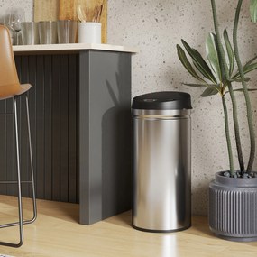 Coș de gunoi HOMCOM de 42L cu Senzor de Mișcare și Deschidere Automată, din Oțel Inoxidabil și ABS, 30.5x30.5x68 cm, Negru și Argintiu | Aosom Romania
