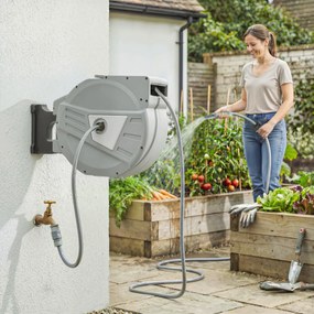 Outsunny Tambur furtun de perete 40+2 m x Ø 15mm, tambur pentru furtun de apă retractabil automat pivotant la 180°, Gri | Aosom Romania