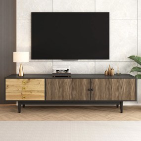 Comodă TV cu 2 uși și 3 sertare, panouri ale ușilor cu model unic în valuri, 180x38x50 cm, Culoare naturală