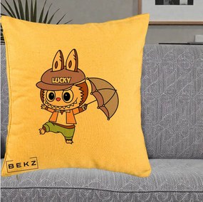 Perna Personalizata Labubu Lucky cu Umbrela, 40x40 cm, Galben, Husa Detasabila, Perna Inclusa, BEKZ®