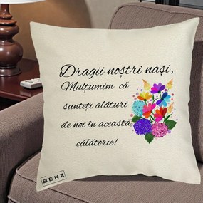 Cadou pentru Nasi - Perna Personalizata Dragii Nostri Nasi Multumim cu Flori Multicolore, 40x40 cm, Ecru, Husa Detasabila, Perna Inclusa, BEKZ®