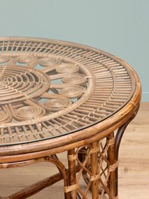 Set dining din ratan împletit manual, maro, masă rotundă cu blat din sticlă și 4 scaune, perne din catifea muștar, aspect vintage, 76 x 109 cm,