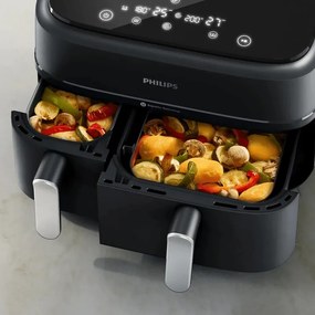 Friteuza dubla cu aer cald Philips NA351/00, 2750 W, 6+3 l, 80-200°C, 1,5 kg, 8 programe, Ecran tactil, Copiere si sincronizare, Negru/Argintiu