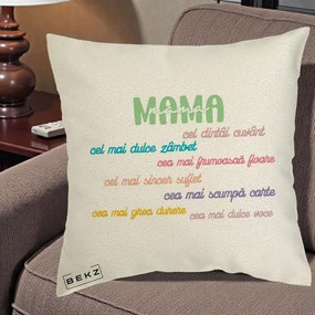 Cadou pentru Mama - Perna Personalizata Mama Cel Dintai Cuvant cu Text Colorat Multicolor, 40x40 cm, Ecru, Husa Detasabila, Perna Inclusa, BEKZ®
