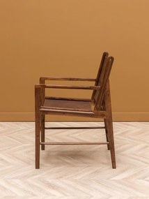 Scaun de dining din piele maro, cu structură din lemn de acacia, finisaj natural lucios, 90×60×66 cm, „Arius"