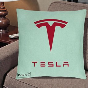 Perna Personalizata cu emblema Tesla, 40x40 cm, Verde Menta, Husa Detasabila, Perna Inclusa, BEKZ®